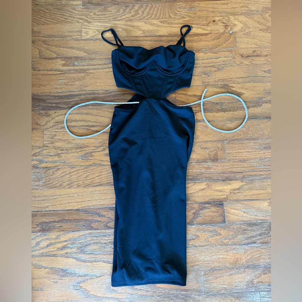 Black midi dress with cutouts and bling tie